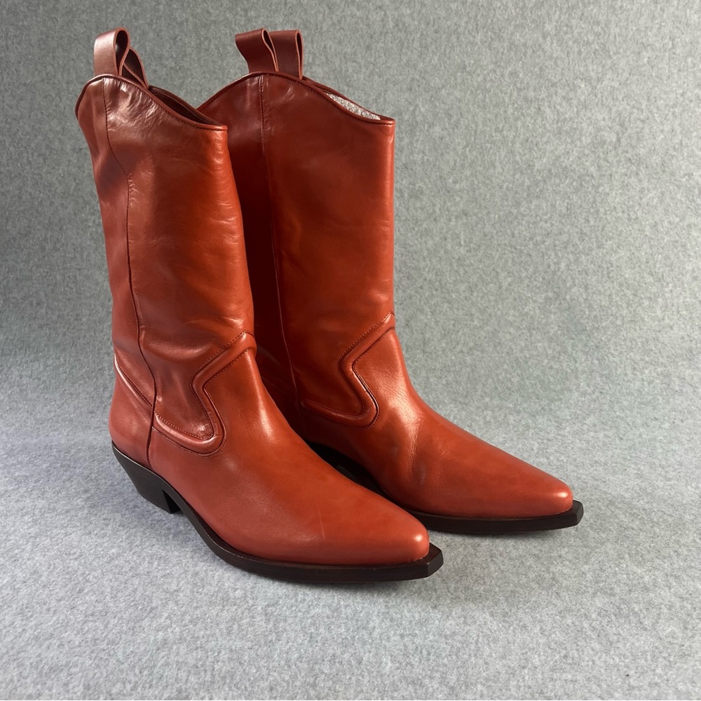 SCHUTZ Red/Orange Leather Western Heeled Boots NEW Women’s 10 Pointed Toe